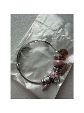 Silver-Tone Cable Charm Bangle Bracelet with Pink Accents